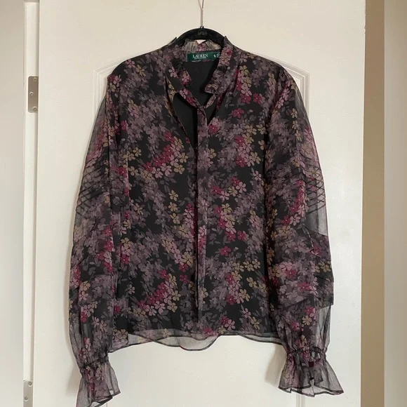 Lauren Ralph Lauren Romantic Georgette Floral Tiered Sleeve Crinkle Blouse - Picture 1 of 5